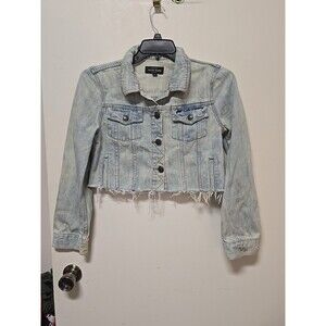INDIGO DENIM JCREW CROP CUT WHITE WASH Distress Long Sleeve Denim Jacket MEDIUM